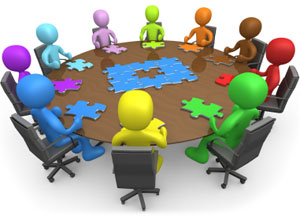 Stylized Sitting Around Table with Different Pieces to the Puzzle Committee Graphic